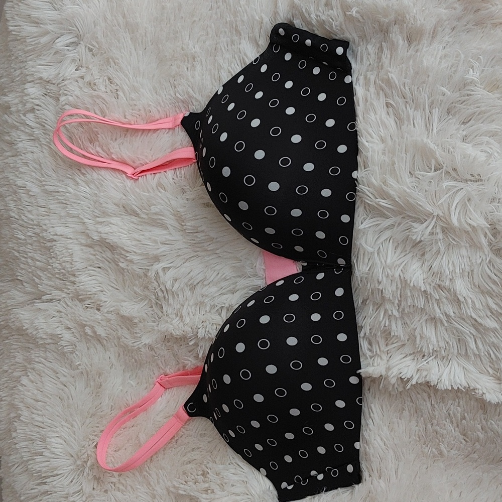 Victoria's Secret Black Bra with Pink Straps and White Dots